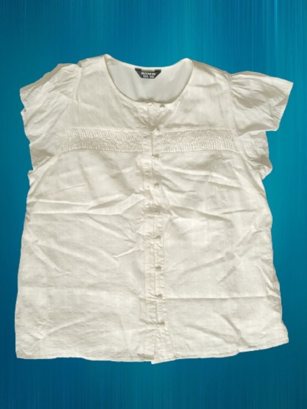 Bloomchic Blouse, Size 14-16, Off-white, Buttons, Flutter Sleeve, Lined Shirt